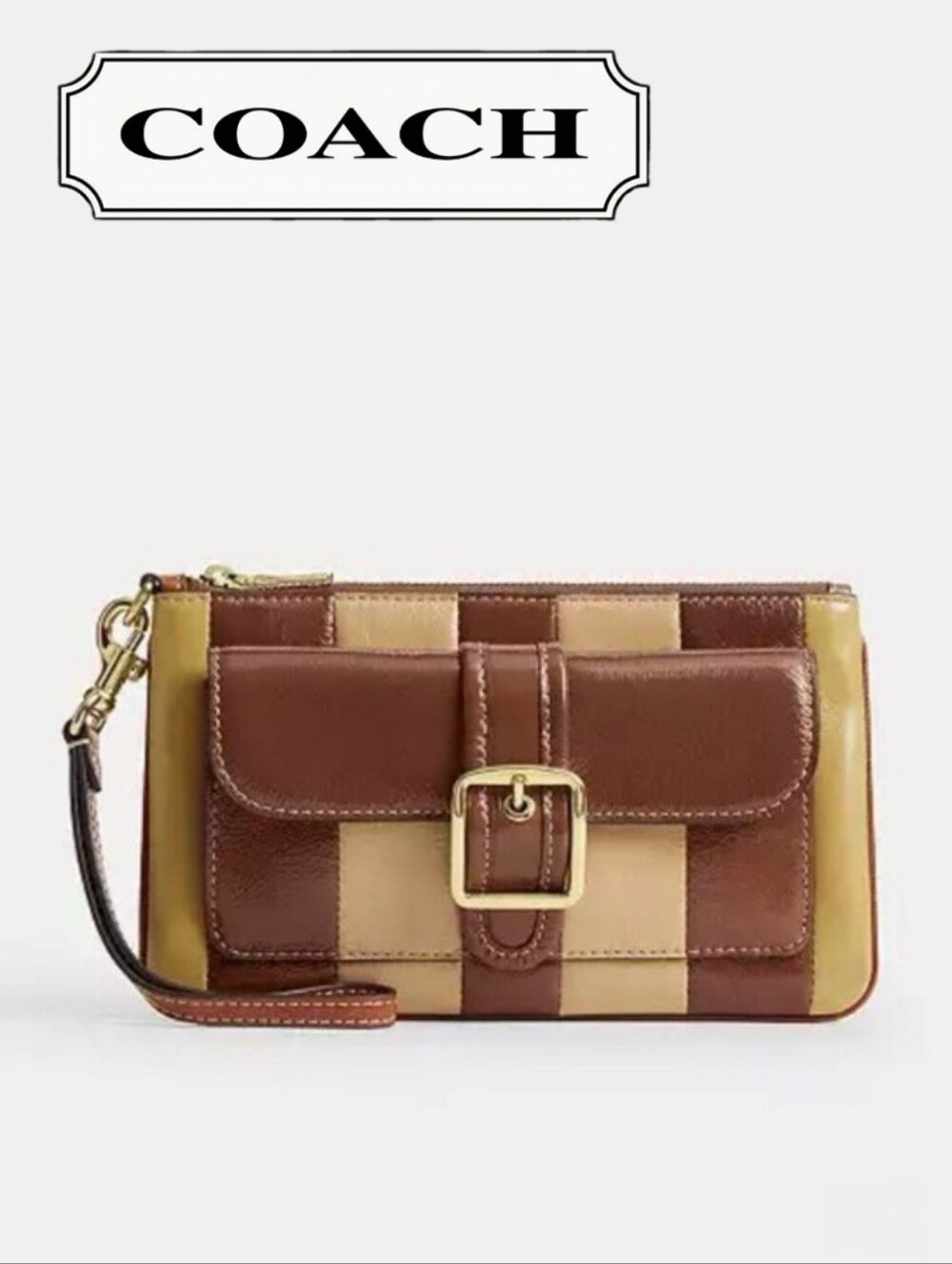 COACH Large Buckle Front Leather Wristlet In Redwood Multi, Gold Hardware, NEW!